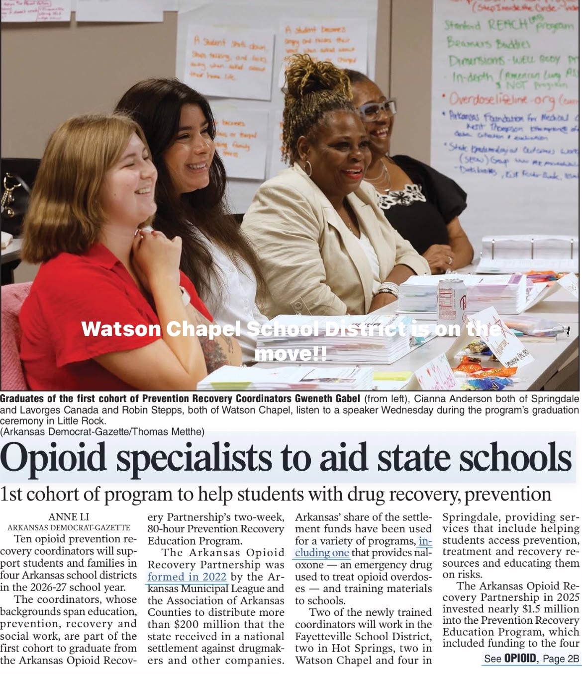 Newspaper feature about opioid prevention and recovery coordinators supporting Arkansas schools